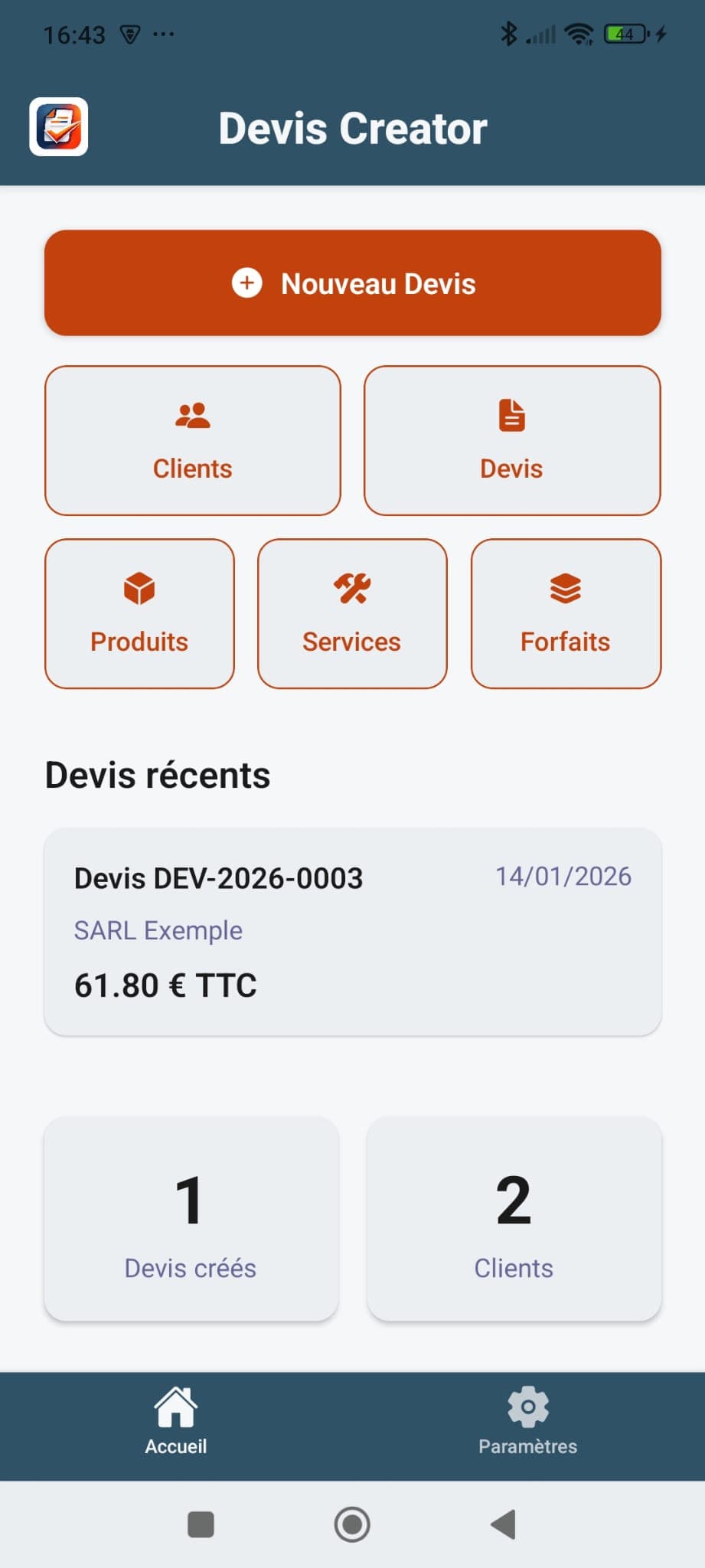 Écran d'accueil de Devis Creator