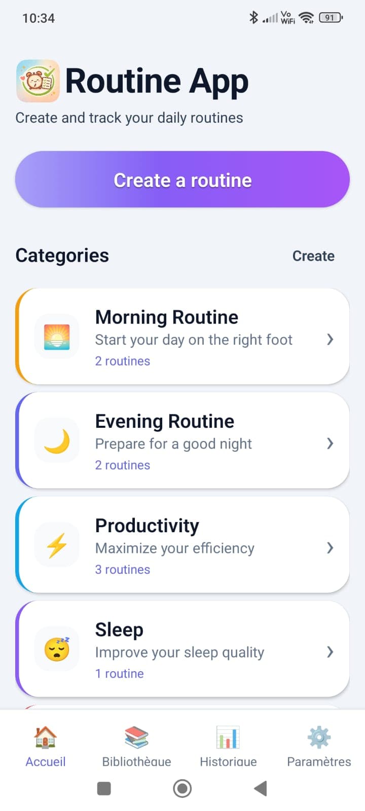 Écran d'accueil de Routine App avec les catégories de routines